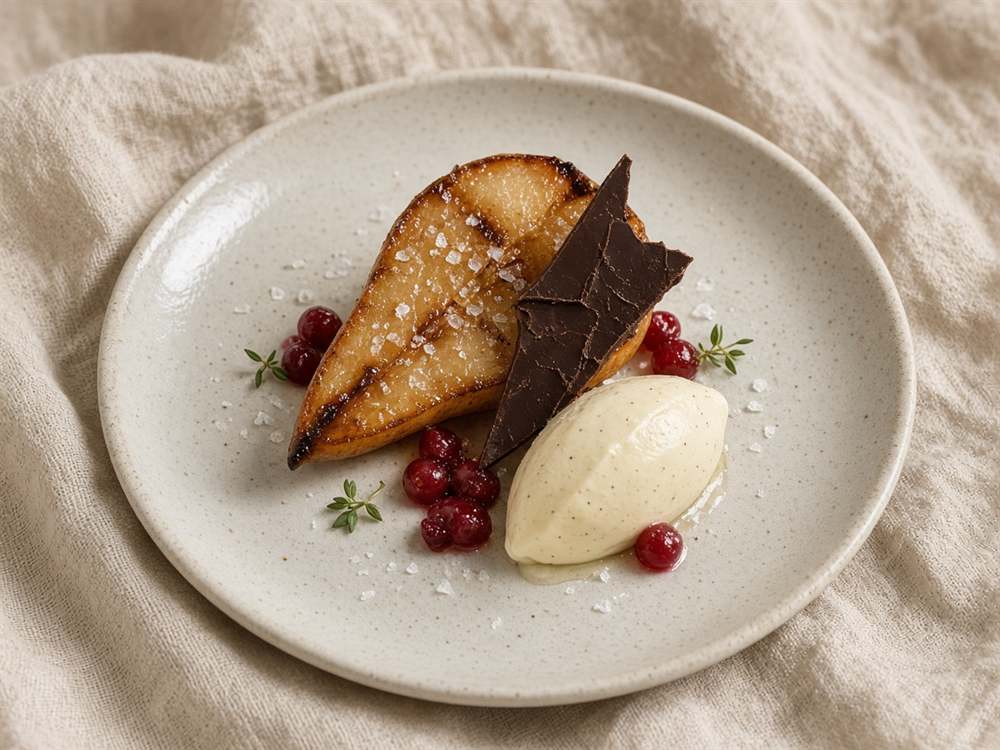Poire rôtie, chocolat et crème vanille