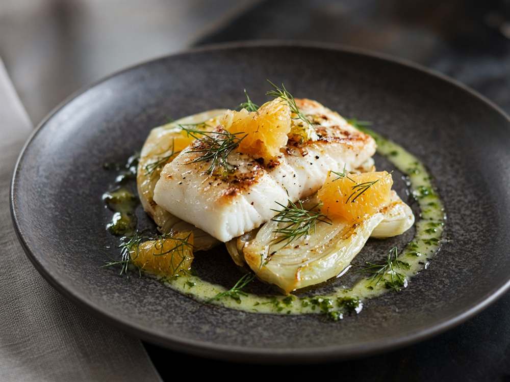 Poisson blanc, fenouil laqué et agrumes