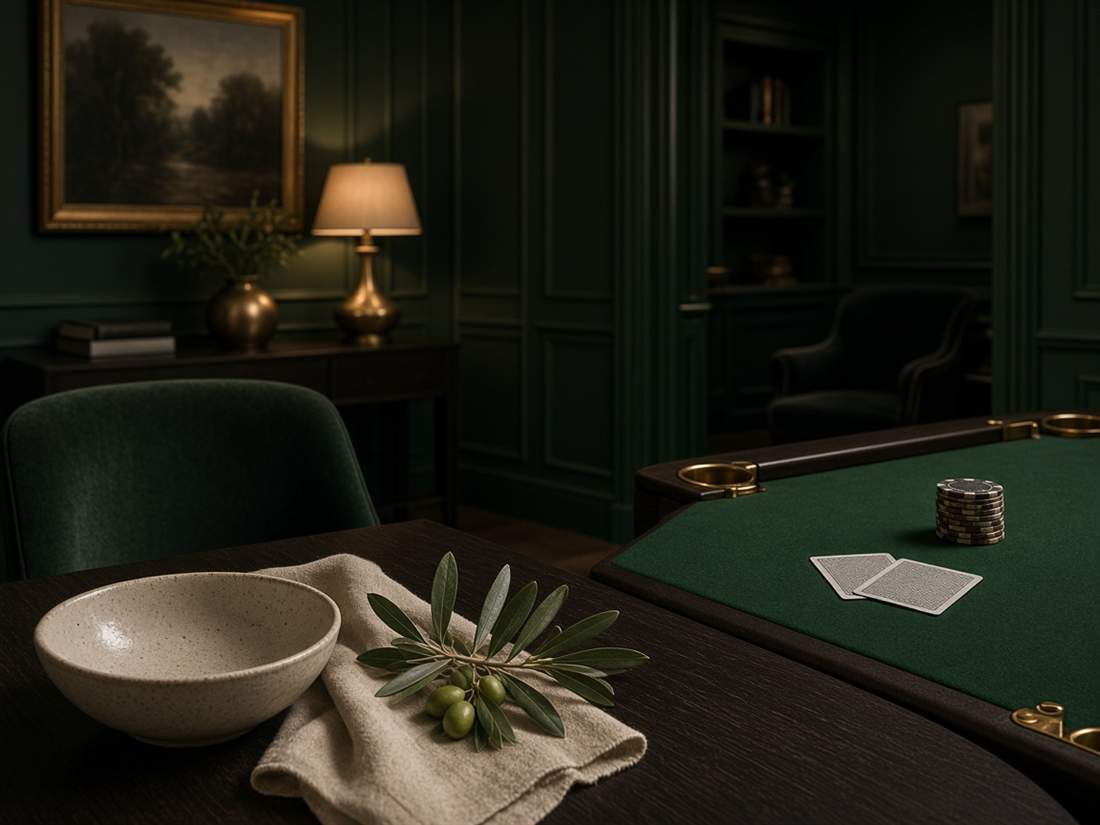 Salon vert avec une table dressée et un tapis de jeu