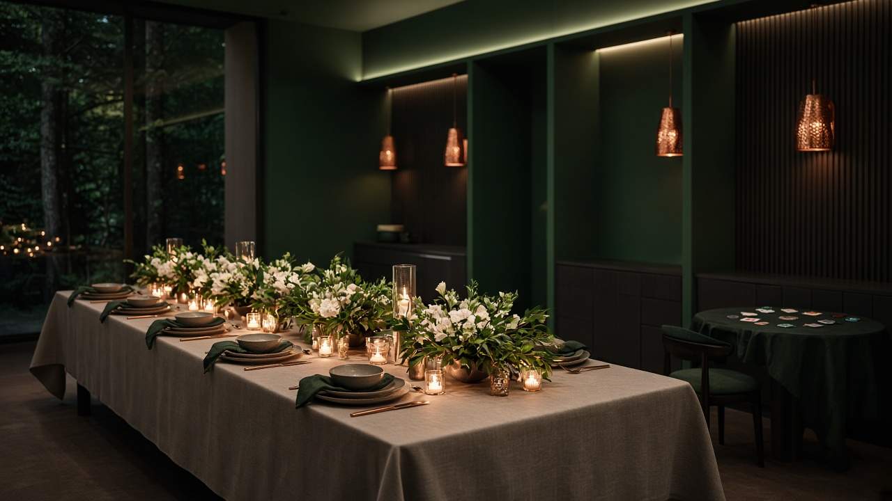 Grande table fleurie et petite table de cartes dans un salon vert